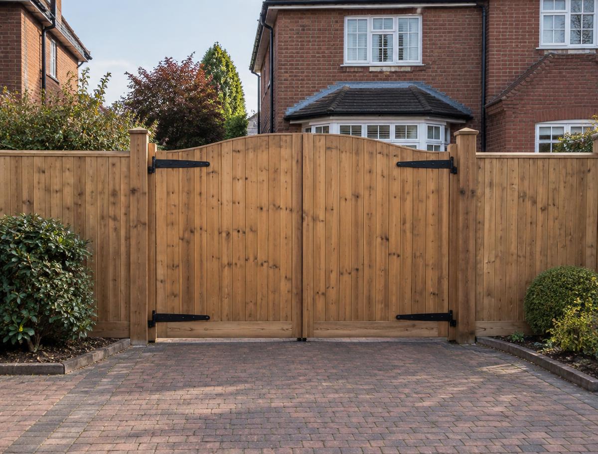 Illustration of paired timber driveway gates within a matching front boundary