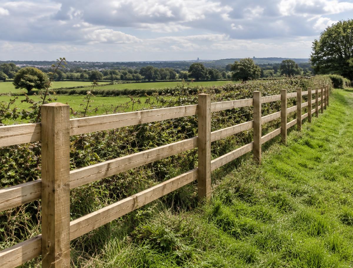 Illustration of timber post-and-rail fencing along a green rural field