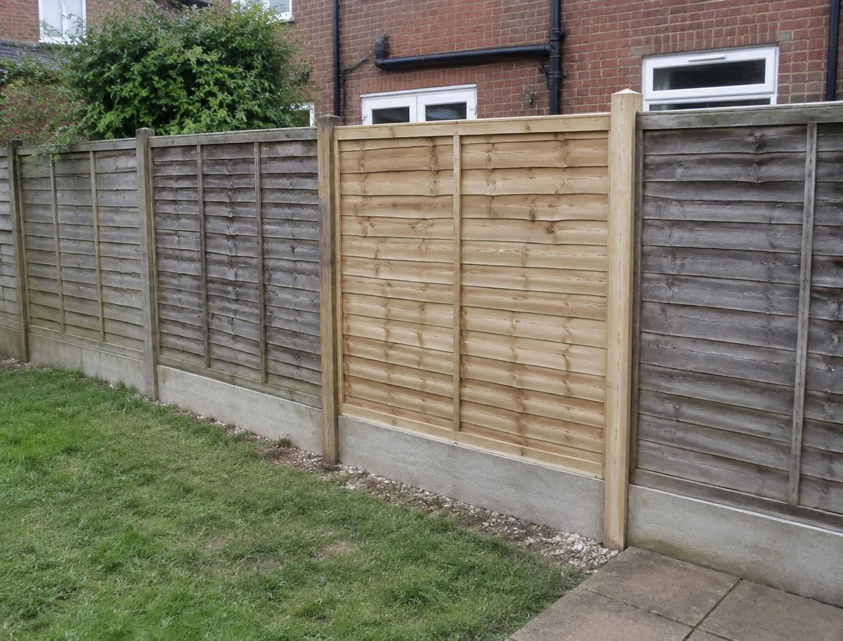 Illustration of a new timber fence panel between older weathered panels