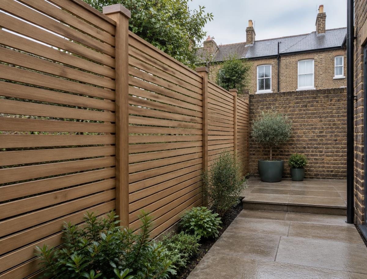 Illustration of horizontal slatted timber fencing in a compact paved garden